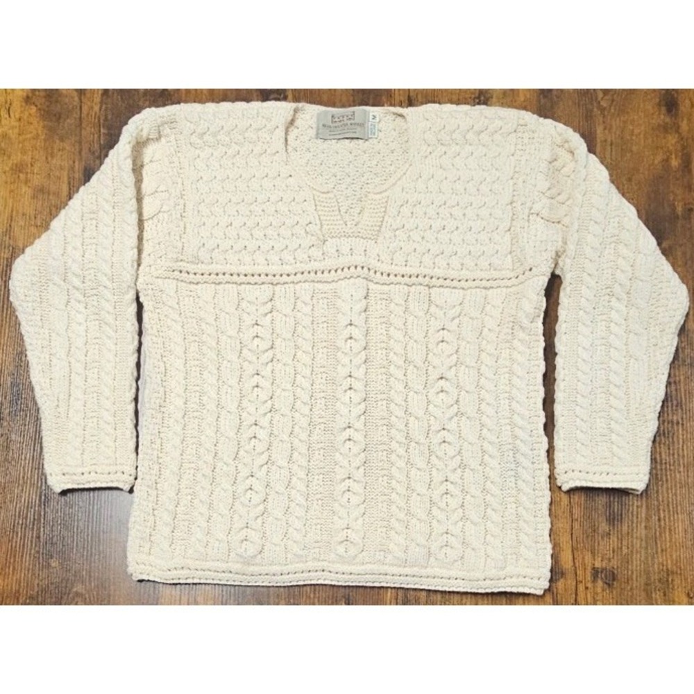 Aran Crafts Cardigan Sweater Womens M Cream 100% Wool Cable Knit Pockets Ireland